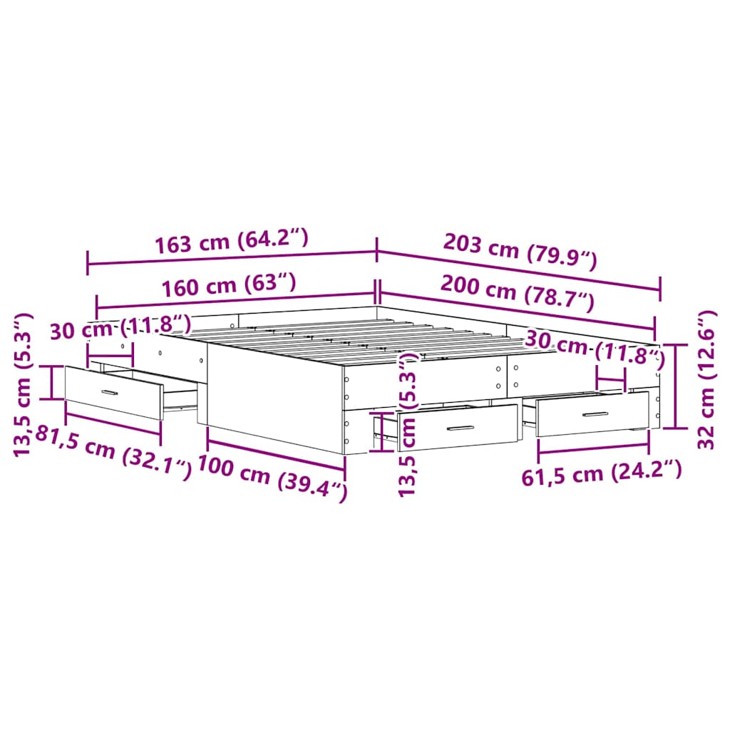 Bedframe met lade Zwart Eiken 160 x 200 cm Bewerkt hout