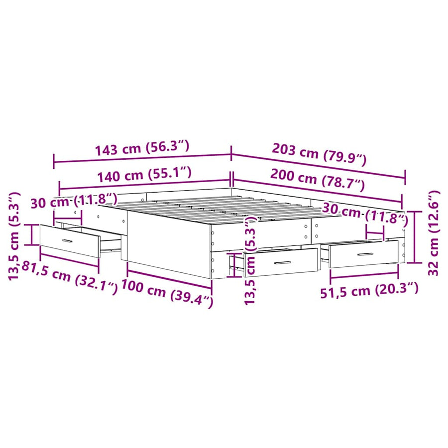 Bedframe met lade met opslag Oud Hout 140 x 200 cm Bewerkt hout