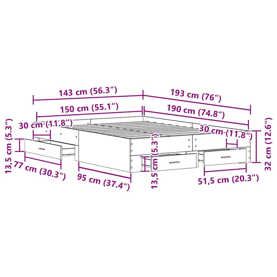 Bedframe met lade met opslag Oud Hout 140 x 190 cm Bewerkt hout