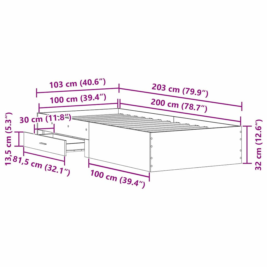 Bedframe met lade Zwart Eiken 100 x 200 cm Bewerkt hout