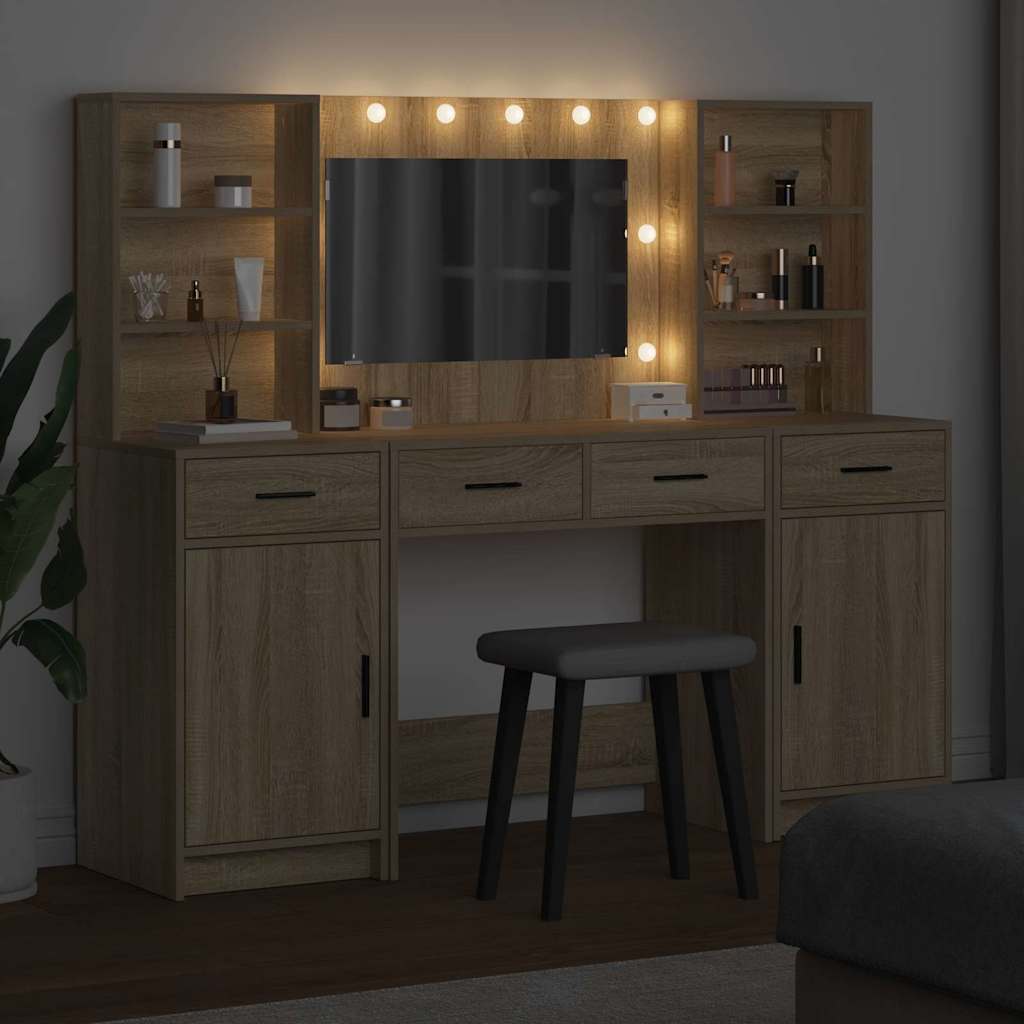 Make-up tafel set met LED 3 pcs Sonoma Eiken Bewerkt hout