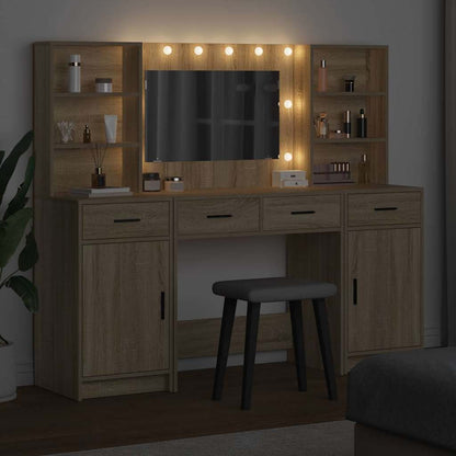 Make-up tafel set met LED 3 pcs Sonoma Eiken Bewerkt hout