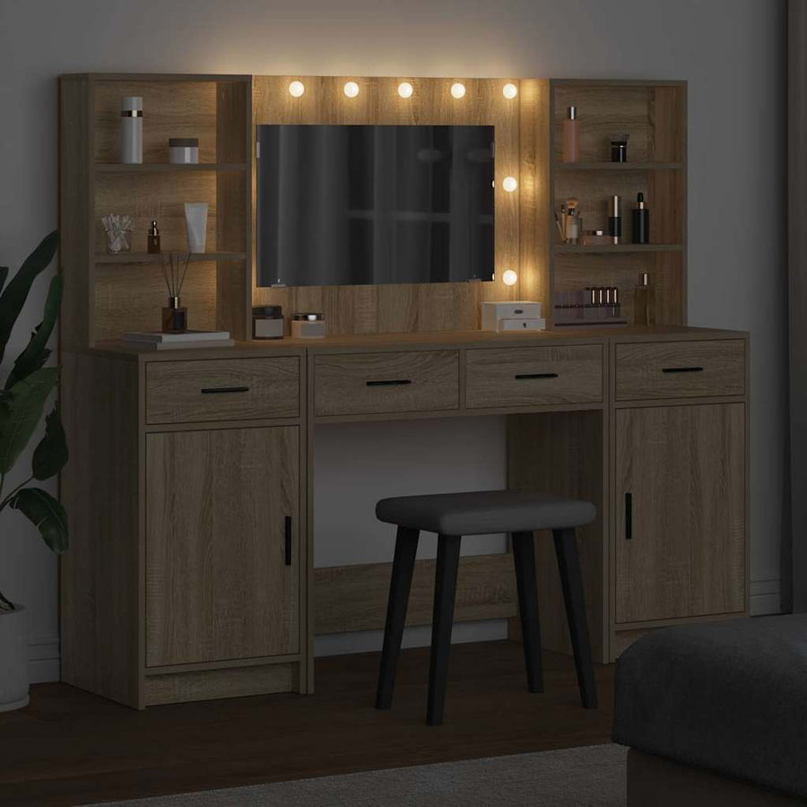 Make-up tafel set met LED 3 pcs Sonoma Eiken Bewerkt hout