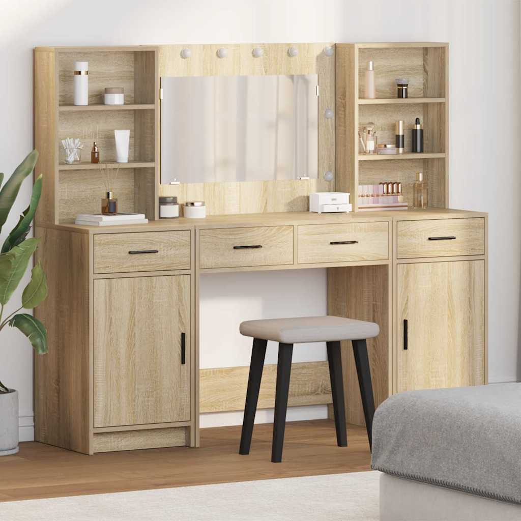 Make-up tafel set met LED 3 pcs Sonoma Eiken Bewerkt hout