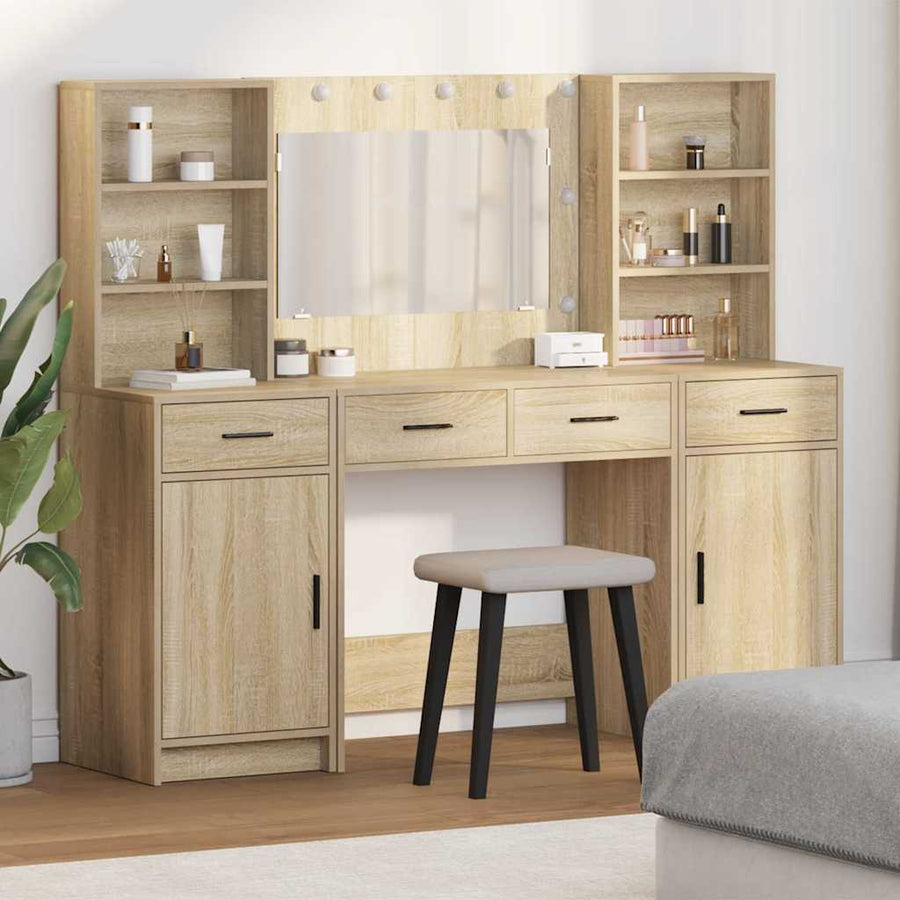 Make-up tafel set met LED 3 pcs Sonoma Eiken Bewerkt hout