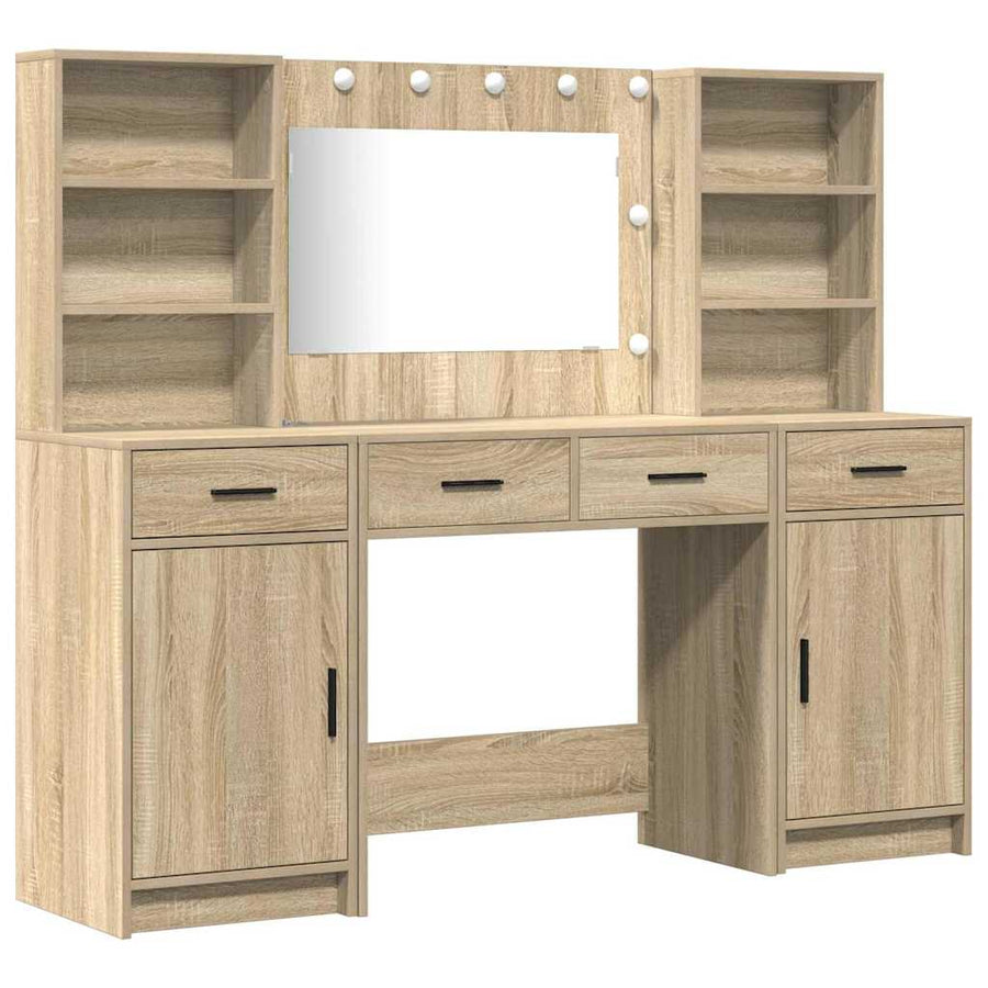 Make-up tafel set met LED 3 pcs Sonoma Eiken Bewerkt hout