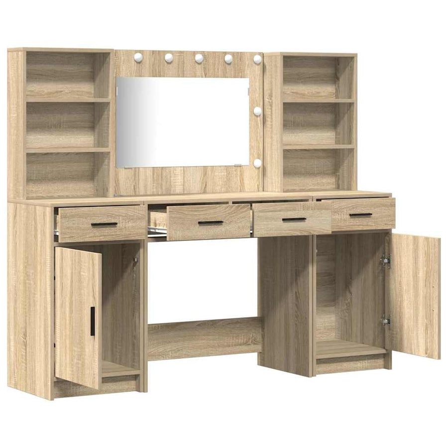 Make-up tafel set met LED 3 pcs Sonoma Eiken Bewerkt hout
