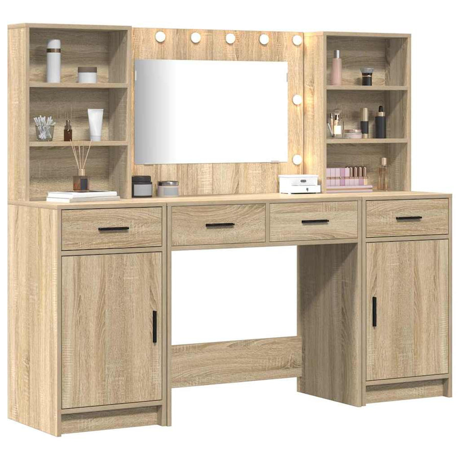 Make-up tafel set met LED 3 pcs Sonoma Eiken Bewerkt hout