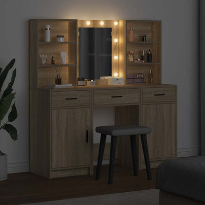 Make-up tafel set met LED 3 pcs Sonoma Eiken Bewerkt hout