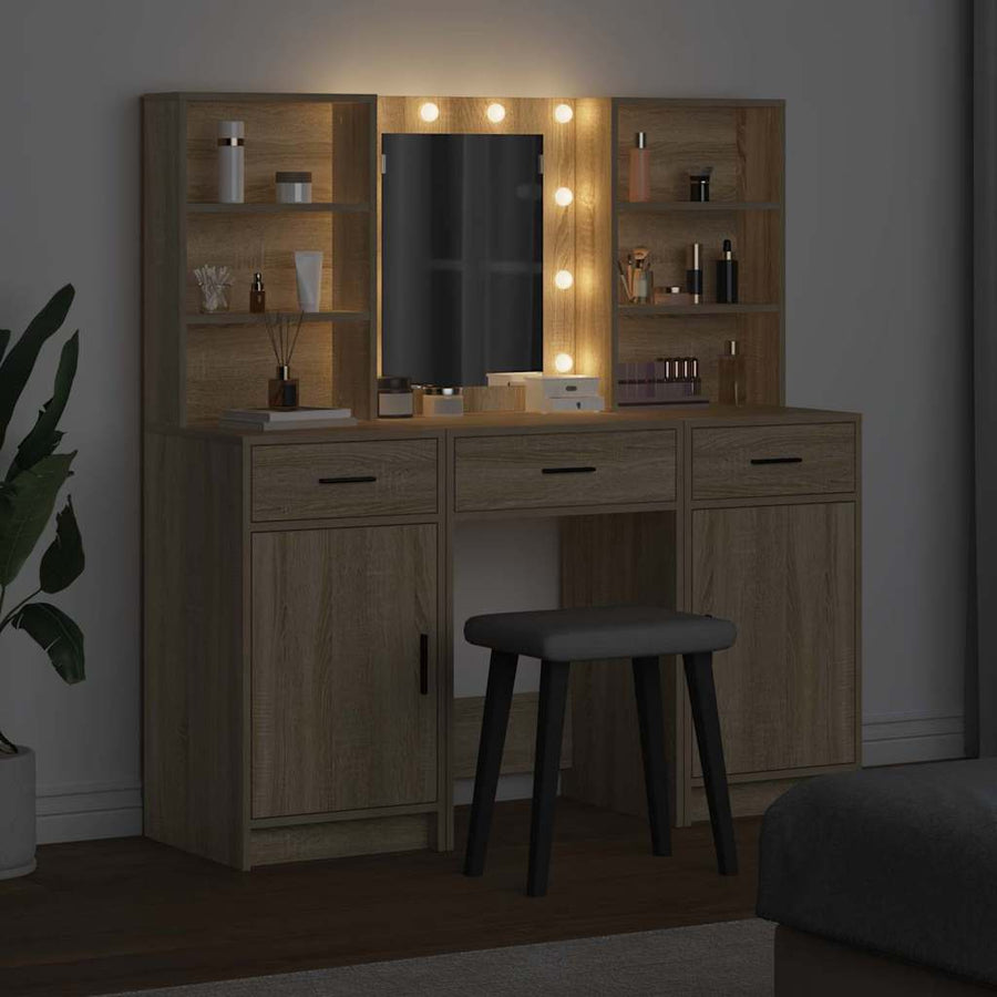 Make-up tafel set met LED 3 pcs Sonoma Eiken Bewerkt hout