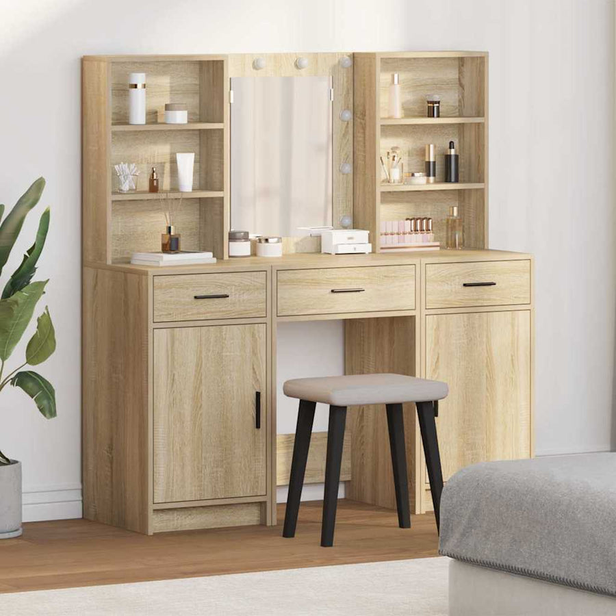 Make-up tafel set met LED 3 pcs Sonoma Eiken Bewerkt hout
