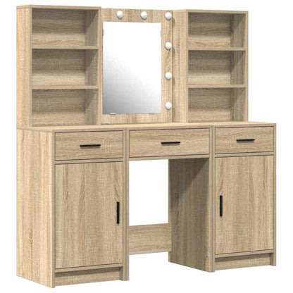 Make-up tafel set met LED 3 pcs Sonoma Eiken Bewerkt hout