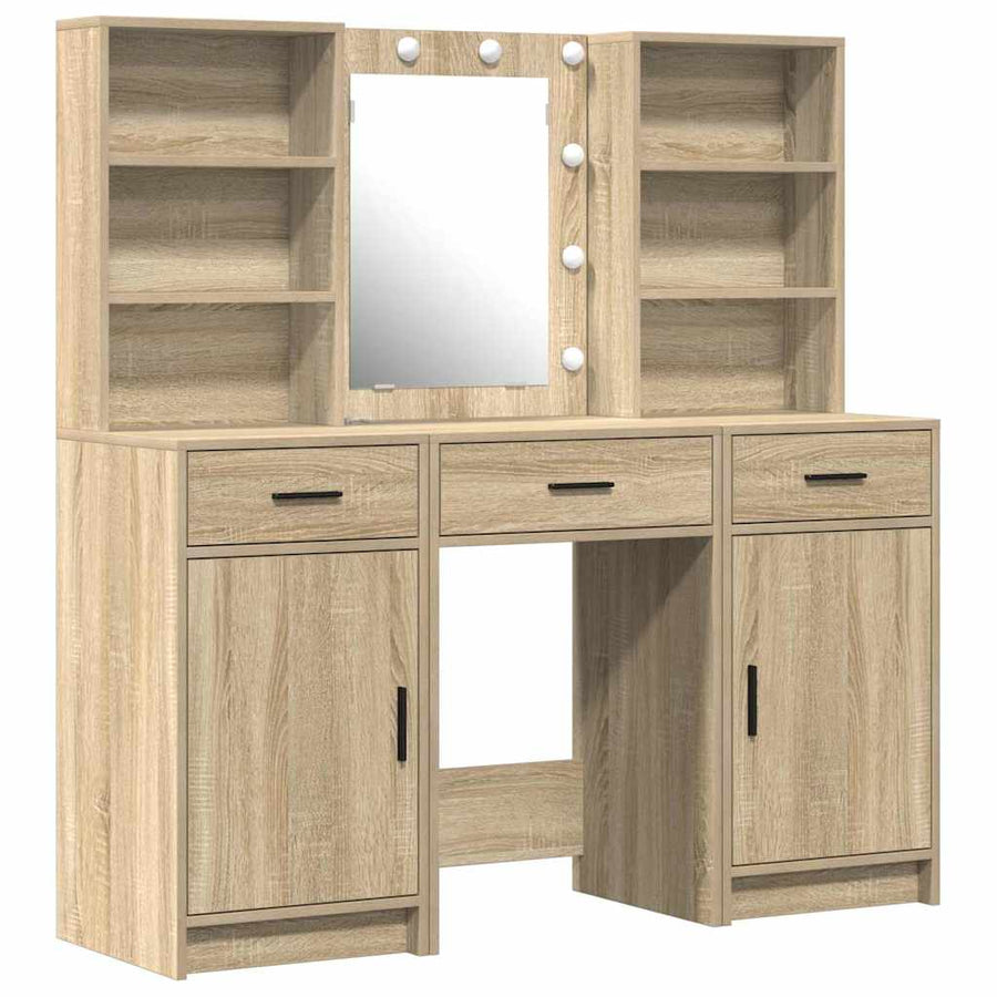 Make-up tafel set met LED 3 pcs Sonoma Eiken Bewerkt hout