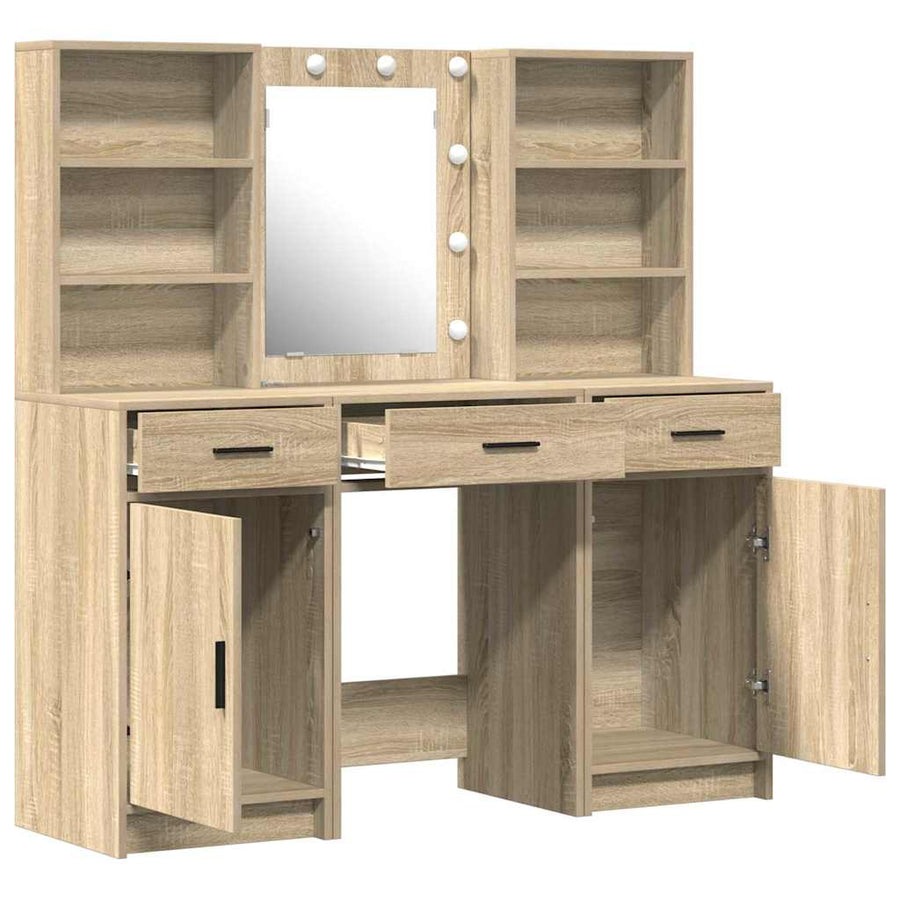 Make-up tafel set met LED 3 pcs Sonoma Eiken Bewerkt hout