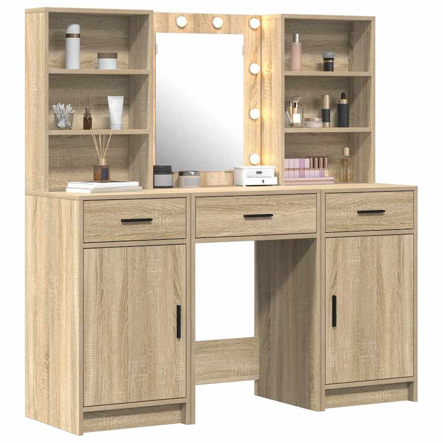 Make-up tafel set met LED 3 pcs Sonoma Eiken Bewerkt hout
