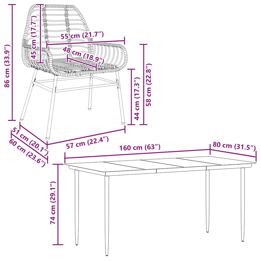 5-delige Tuinset poly rattan glas bruin