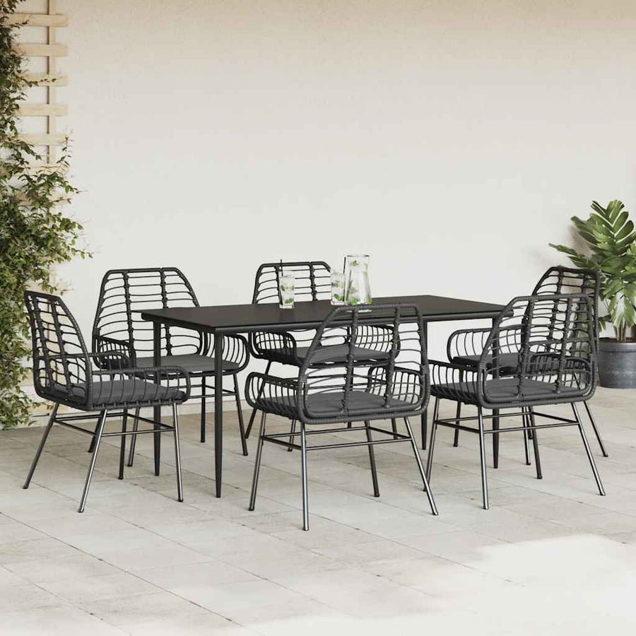 7-Delige Tuinset Met Kussens Poly Rattan Glas Zwart 6 160 x 80 x 74 cm Ja