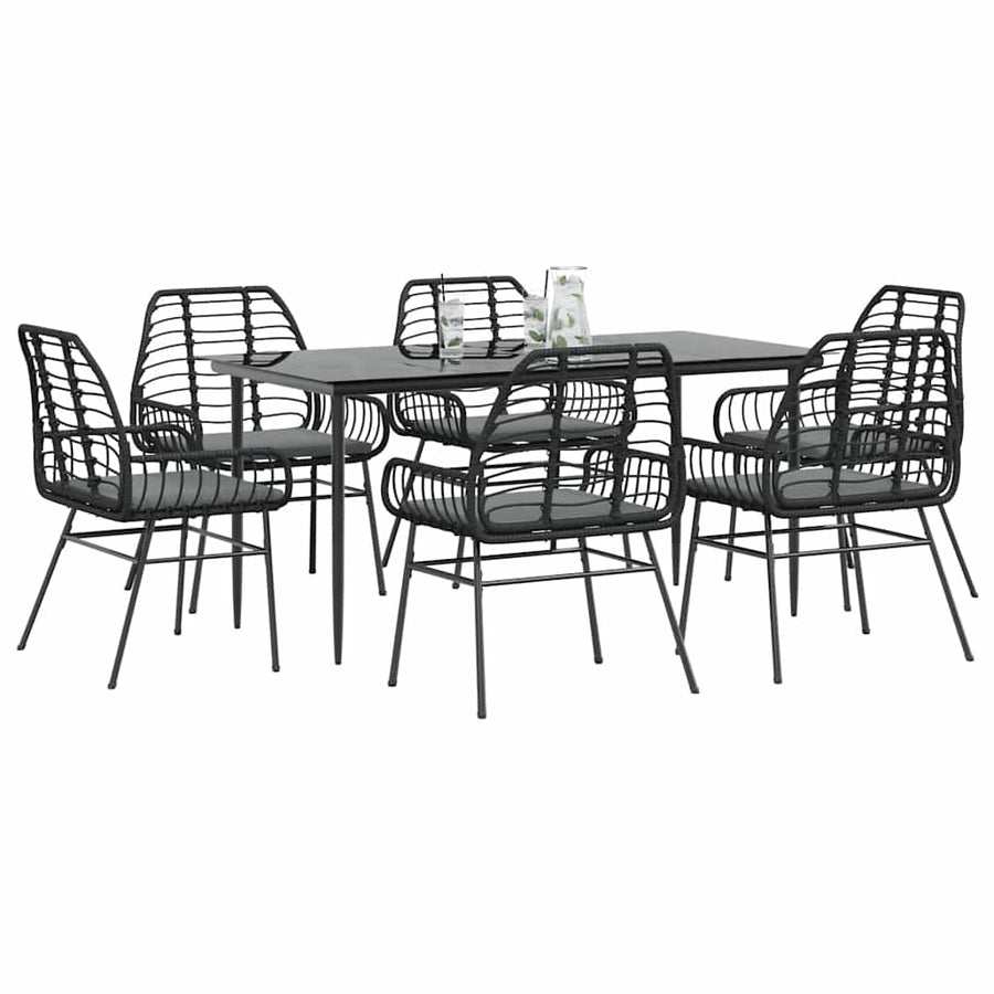 7-Delige Tuinset Met Kussens Poly Rattan Glas Zwart 6 160 x 80 x 74 cm Ja