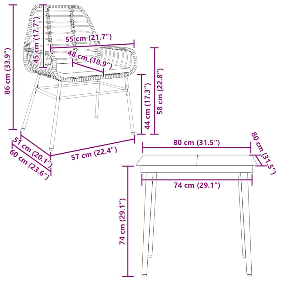 3-Delige Tuinset Met Kussens Poly Rattan Glas Bruin 2 80 x 80 x 74 cm Ja