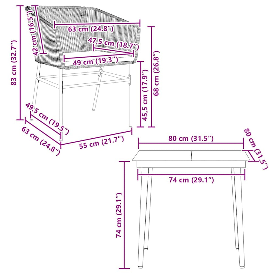 3-Delige Tuinset Met Kussens Poly Rattan Glas 2 80 x 80 x 74 cm Grijs