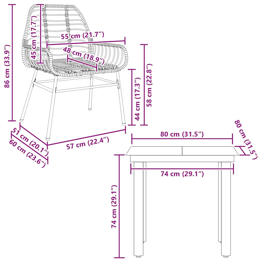 3-delige Tuinset poly rattan glas bruin