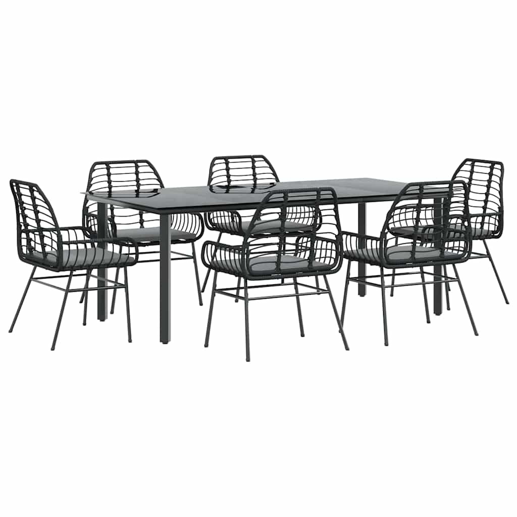 7-Delige Tuinset Met Kussens Poly Rattan Glas 6 200 x 100 x 74 cm Zwart en donkergrijs