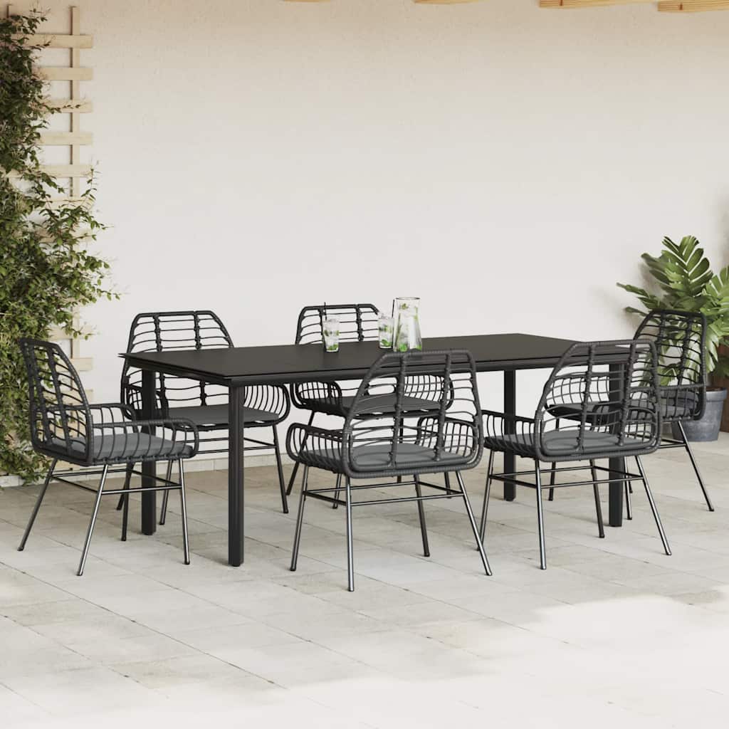 7-Delige Tuinset Met Kussens Poly Rattan Glas 6 200 x 100 x 74 cm Zwart en donkergrijs