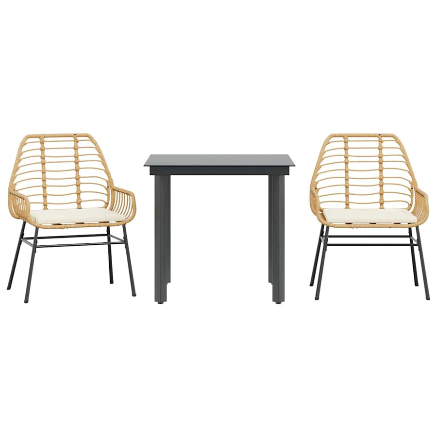 3-Delige Tuinset Met Kussens Poly Rattan Glas 2 80 x 80 x 74 cm Bruin en crèmewit