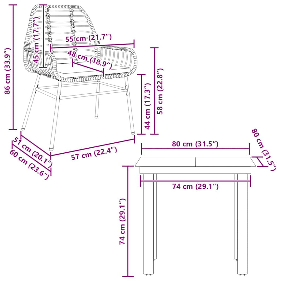 3-Delige Tuinset Met Kussens Poly Rattan Glas 2 80 x 80 x 74 cm Bruin en crèmewit