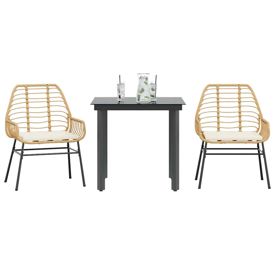3-Delige Tuinset Met Kussens Poly Rattan Glas 2 80 x 80 x 74 cm Bruin en crèmewit