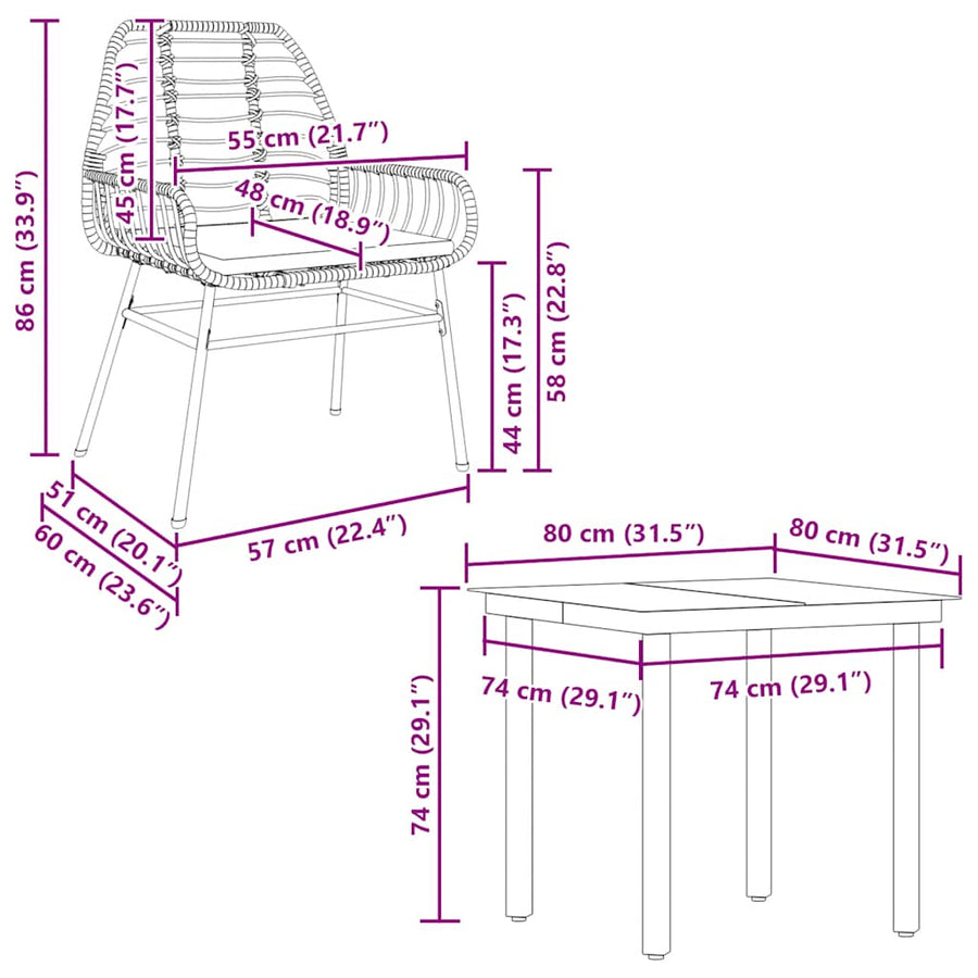 5-Delige Tuinset Met Kussens Poly Rattan Glas 4 80 x 80 x 74 cm Bruin en crèmewit