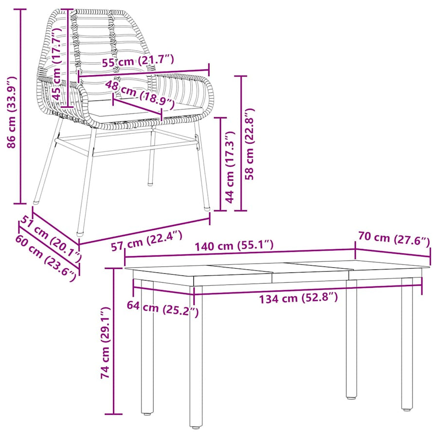 5-Delige Tuinset Met Kussens Poly Rattan Glas 4 140 x 70 x 74 cm Bruin en crèmewit