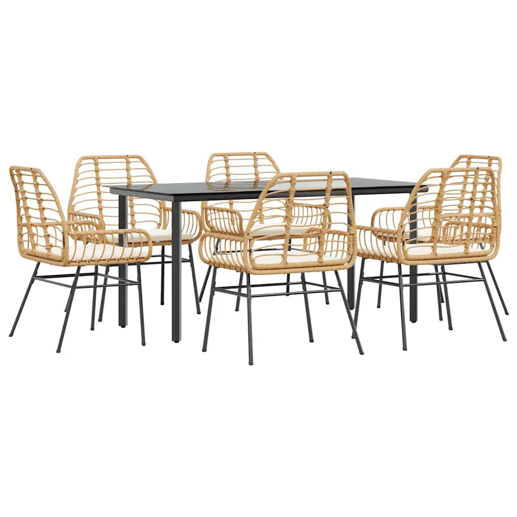7-Delige Tuinset Met Kussens Poly Rattan Glas 6 160 x 80 x 74 cm Bruin en crèmewit