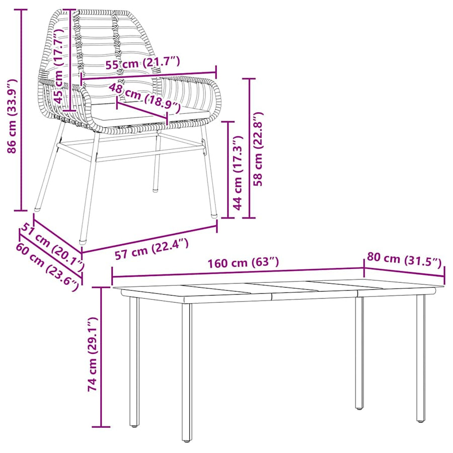 7-Delige Tuinset Met Kussens Poly Rattan Glas 6 160 x 80 x 74 cm Bruin en crèmewit
