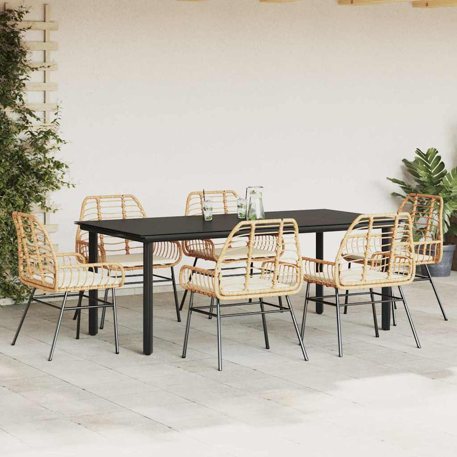 7-Delige Tuinset Met Kussens Poly Rattan Glas 6 200 x 100 x 74 cm Bruin en crèmewit
