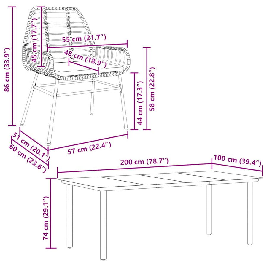 7-Delige Tuinset Met Kussens Poly Rattan Glas 6 200 x 100 x 74 cm Bruin en crèmewit