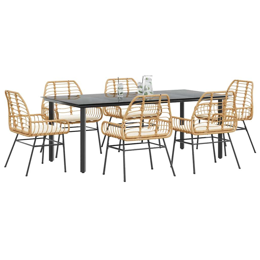 7-Delige Tuinset Met Kussens Poly Rattan Glas 6 200 x 100 x 74 cm Bruin en crèmewit