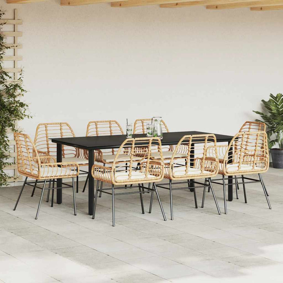 9-Delige Tuinset Met Kussens Poly Rattan Glas 8 200 x 100 x 74 cm Bruin en crèmewit