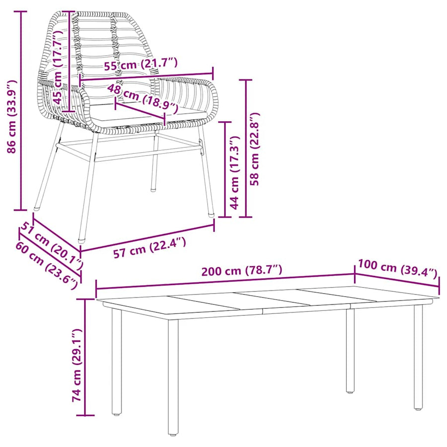 9-Delige Tuinset Met Kussens Poly Rattan Glas 8 200 x 100 x 74 cm Bruin en crèmewit