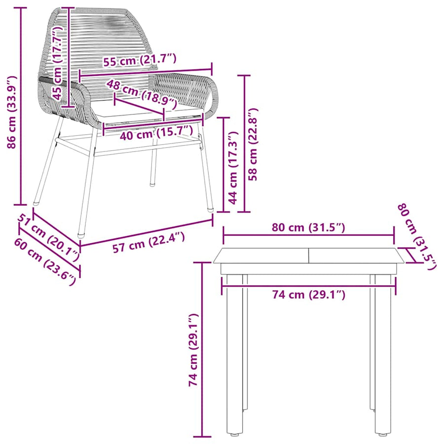 3-Delige Tuinset Met Kussens Poly Rattan Glas 2 80 x 80 x 74 cm Grijs