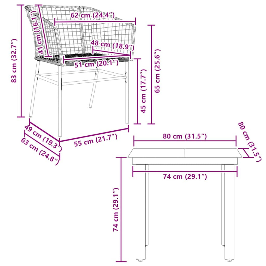 3-delige Tuinset poly rattan glas zwart