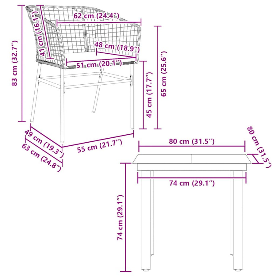 3-Delige Tuinset Met Kussens Poly Rattan Glas 2 80 x 80 x 74 cm Zwart en donkergrijs