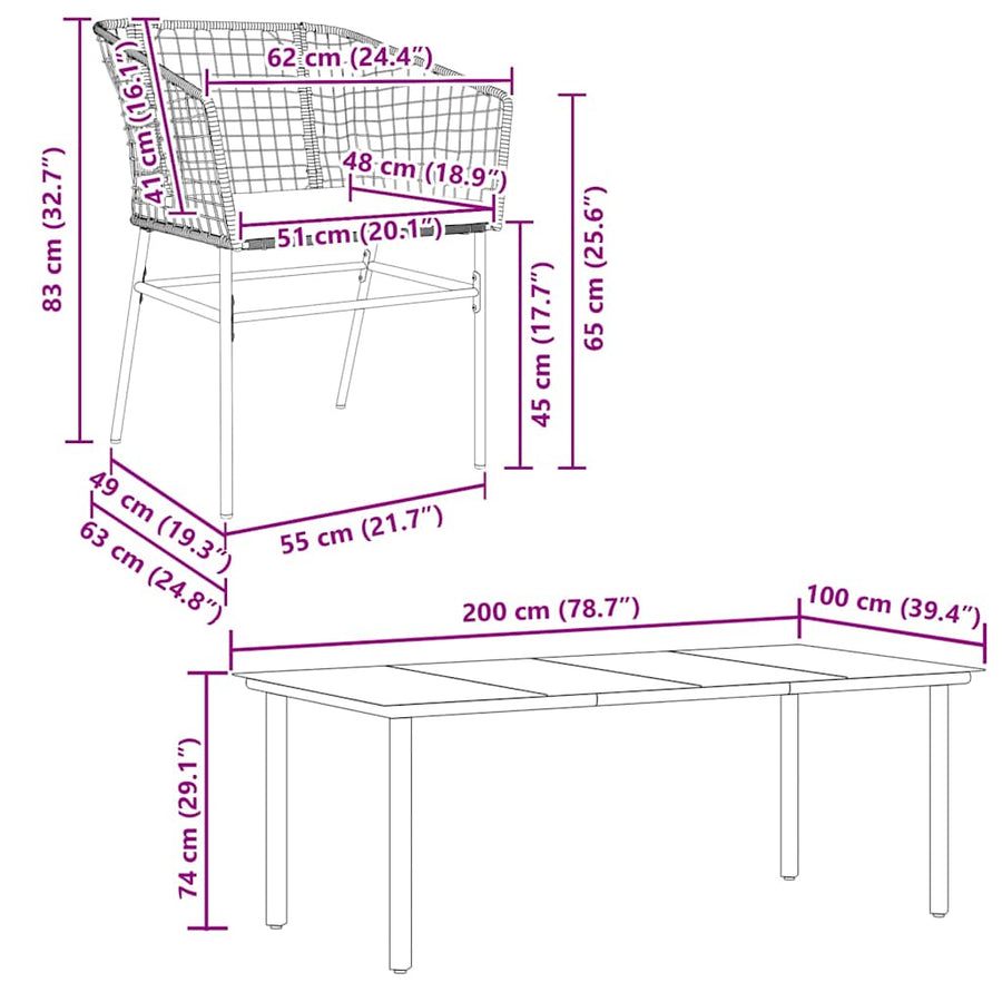 7-Delige Tuinset Met Kussens Poly Rattan Glas 6 200 x 100 x 74 cm Zwart en donkergrijs