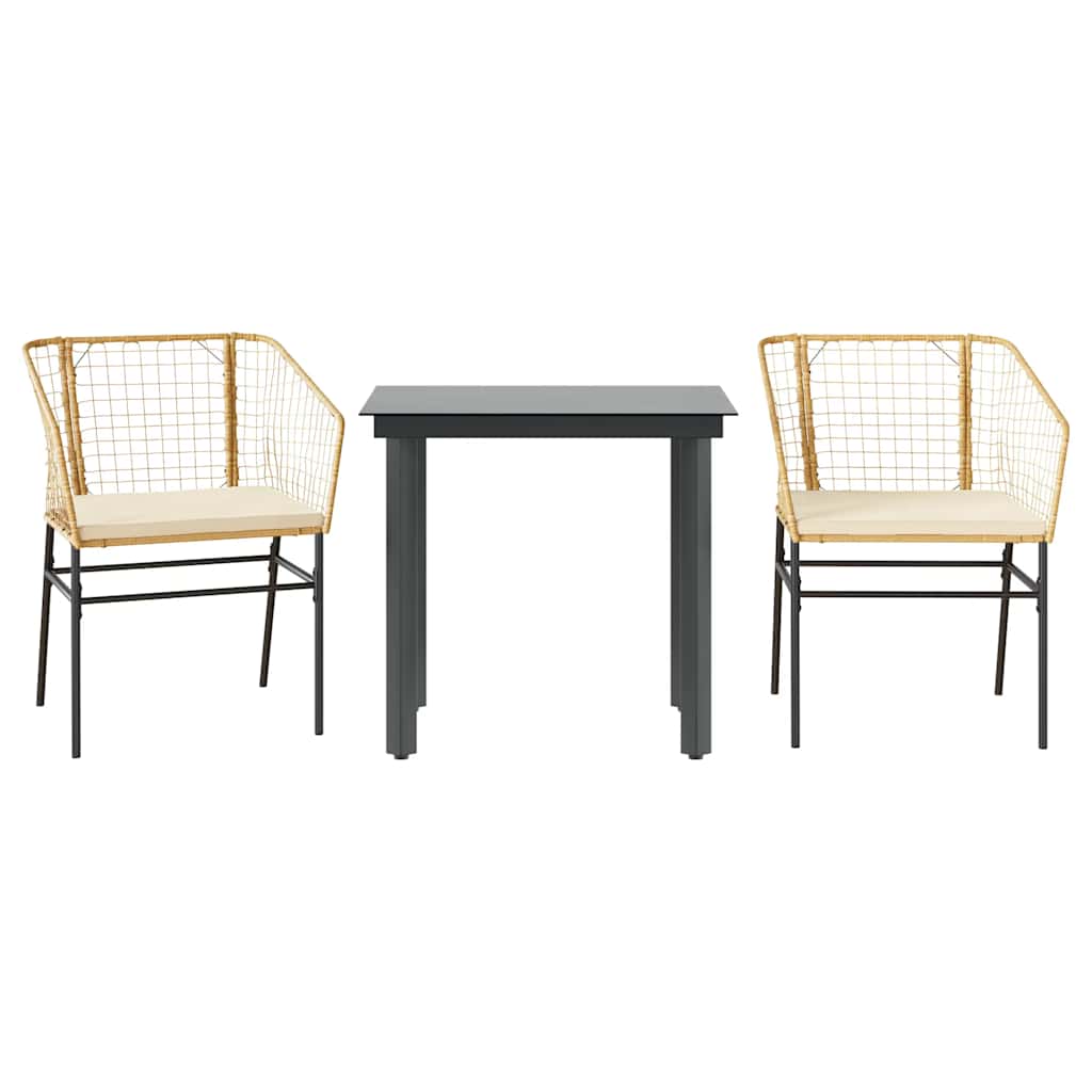 3-Delige Tuinset Met Kussens Poly Rattan Glas 2 80 x 80 x 74 cm Bruin en crèmewit