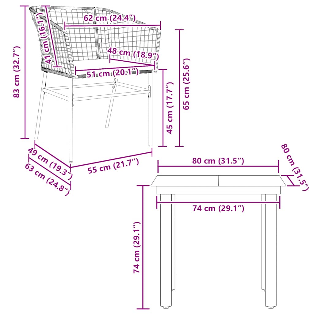 3-Delige Tuinset Met Kussens Poly Rattan Glas 2 80 x 80 x 74 cm Bruin en crèmewit