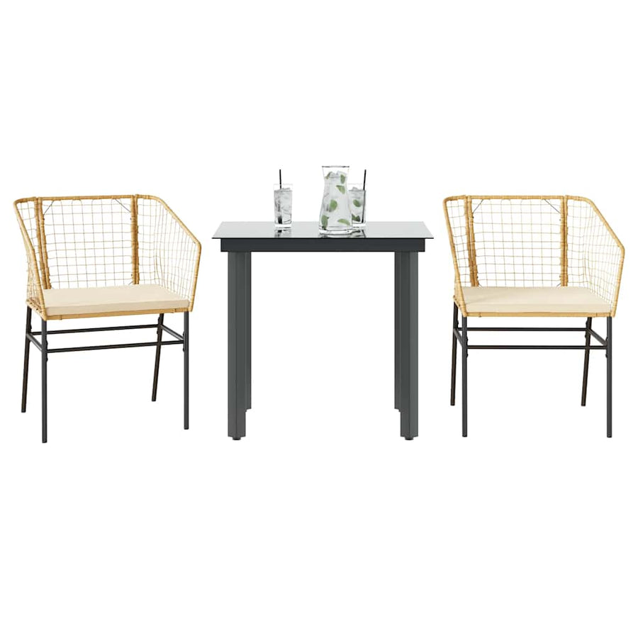 3-Delige Tuinset Met Kussens Poly Rattan Glas 2 80 x 80 x 74 cm Bruin en crèmewit