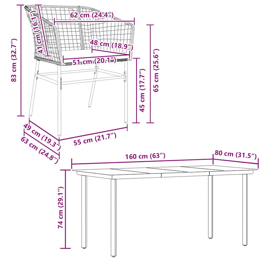 5-Delige Tuinset Met Kussens Poly Rattan Glas 4 160 x 80 x 74 cm Bruin en crèmewit