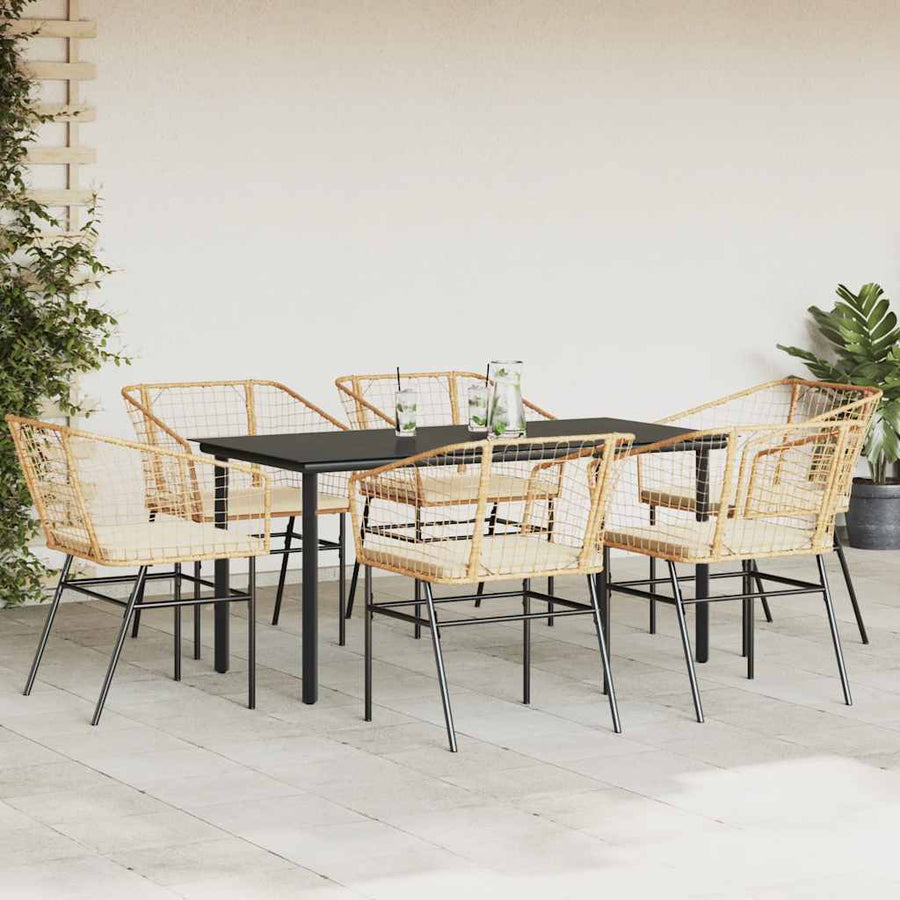 7-Delige Tuinset Met Kussens Poly Rattan Glas 6 160 x 80 x 74 cm Bruin en crèmewit