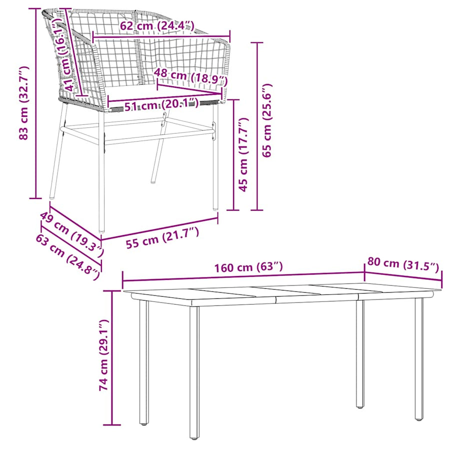 7-Delige Tuinset Met Kussens Poly Rattan Glas 6 160 x 80 x 74 cm Bruin en crèmewit