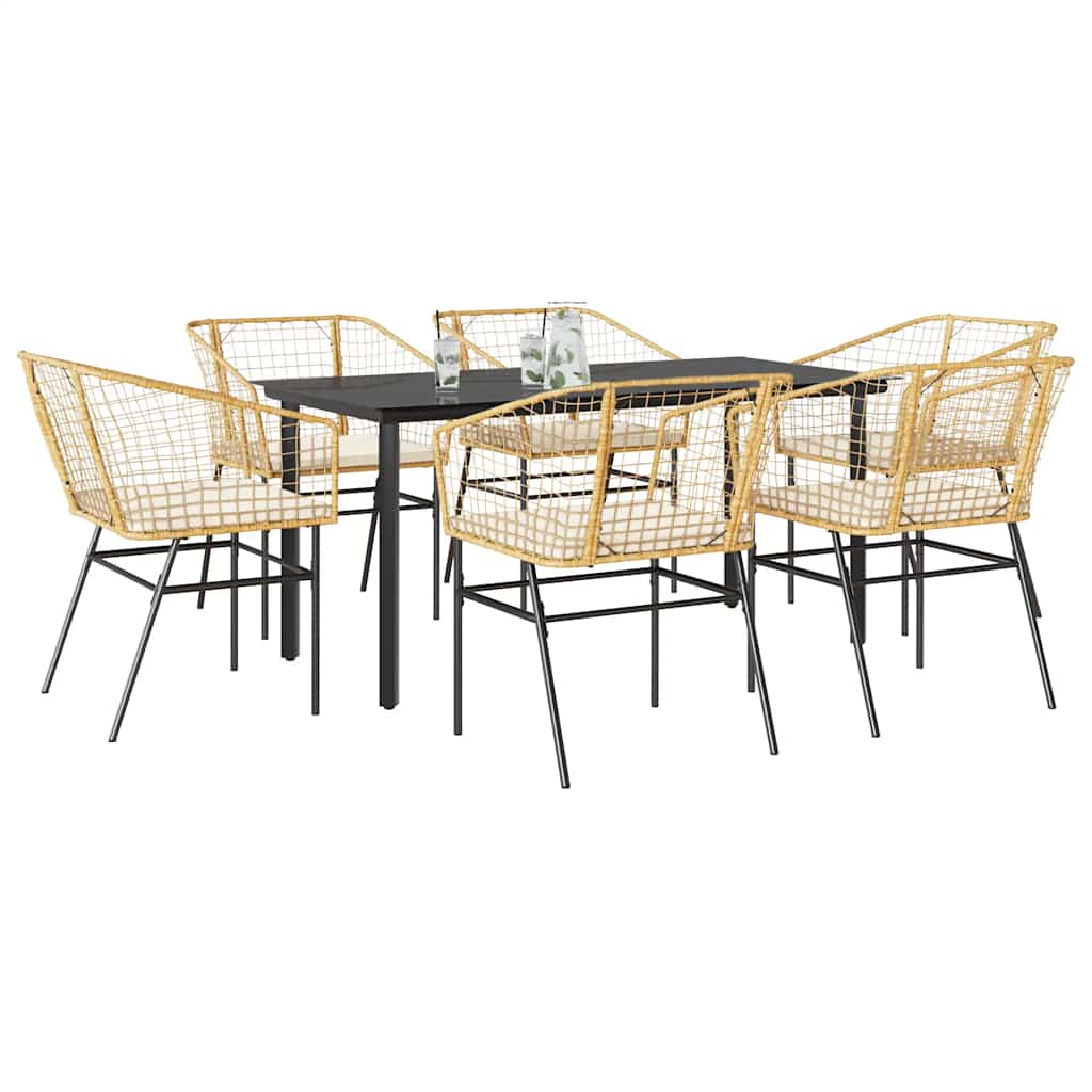 7-Delige Tuinset Met Kussens Poly Rattan Glas 6 160 x 80 x 74 cm Bruin en crèmewit